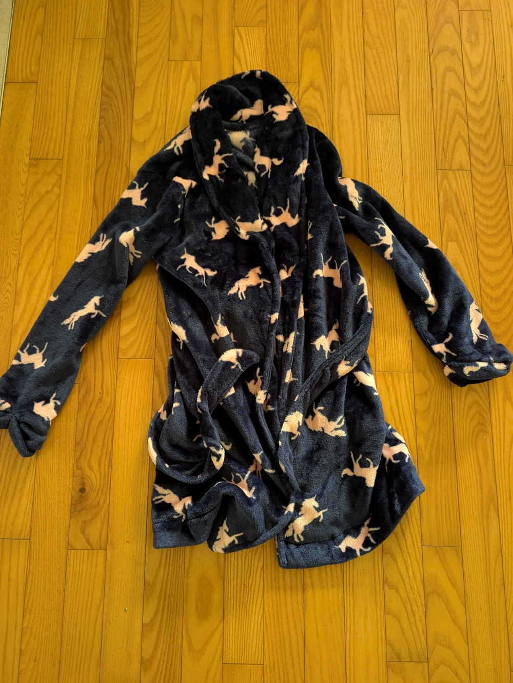 Plush Navy Blue Robe with Light Pink Unicorn Print